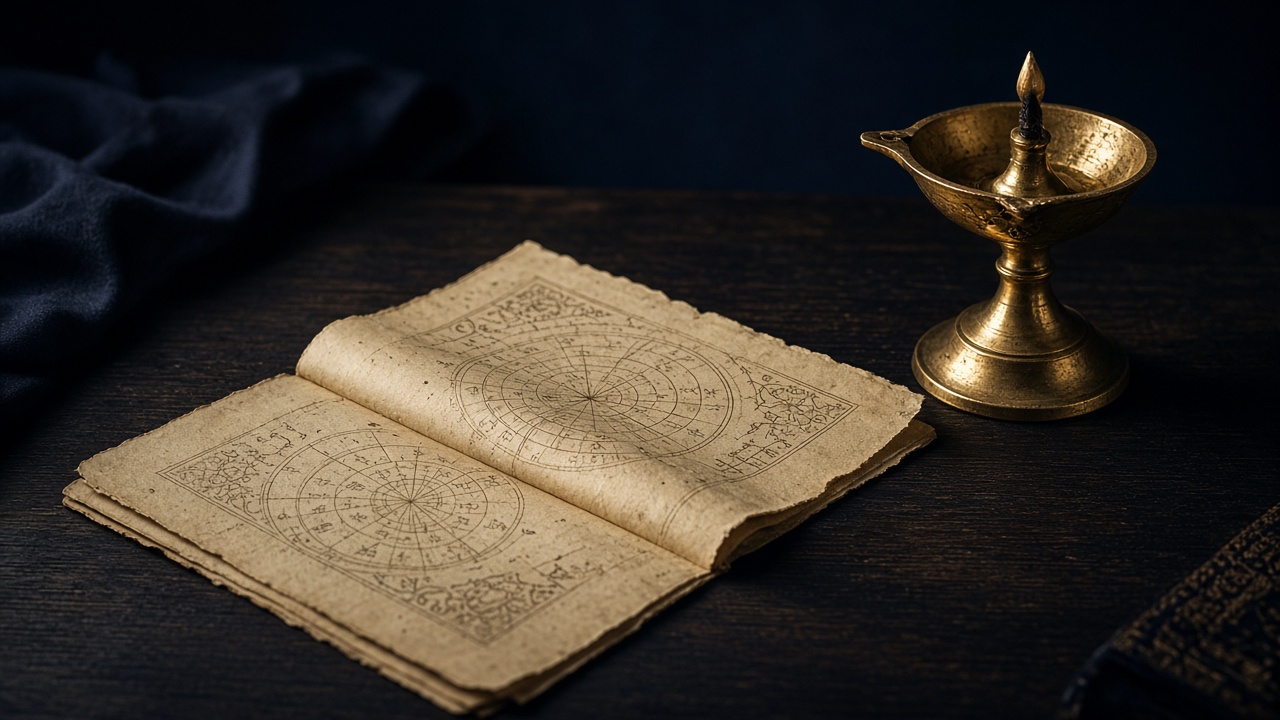 Open manuscript with a circular chart and a brass diya, representing a Janam Kundli birth chart