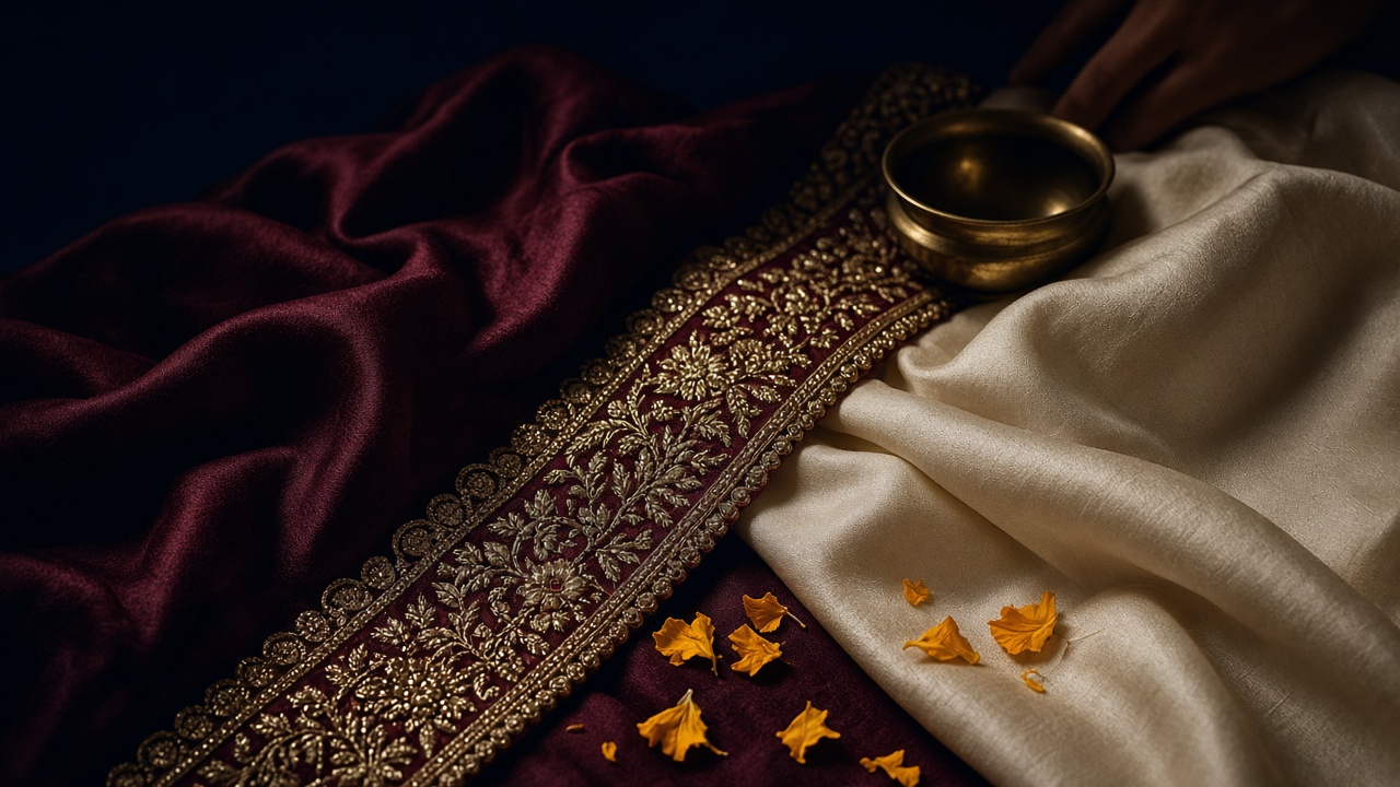 Wedding textiles, marigold, and a brass bowl used for Kundli Milan and marriage matching